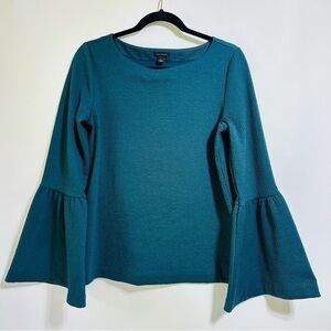 Ann Taylor deep teal blue textured stretch long bell sleeves top blouse